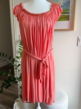 Paris Hilton Vintage Dress Coral Peach Pleated Beaded Shift Dress Belted Ruffle